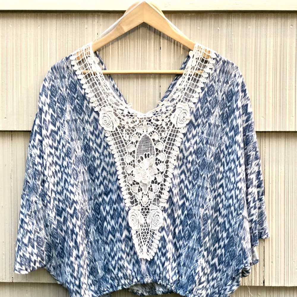 Blue white and lace blouse